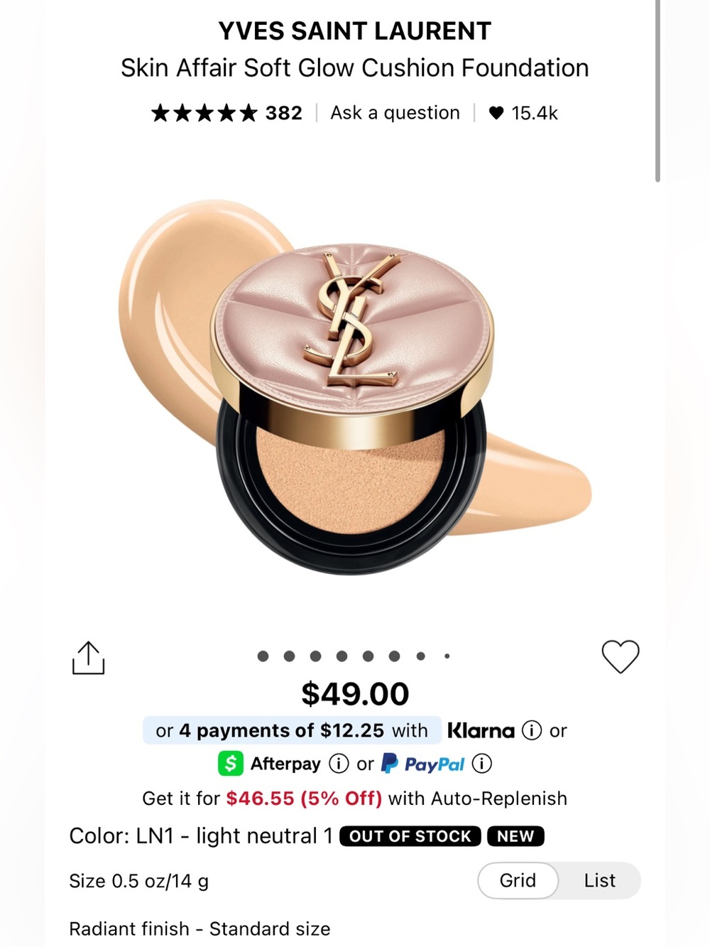 YSL Yves Saint Laurent Soft Glow Cushion Foundation - Color: LN1 - light neutral